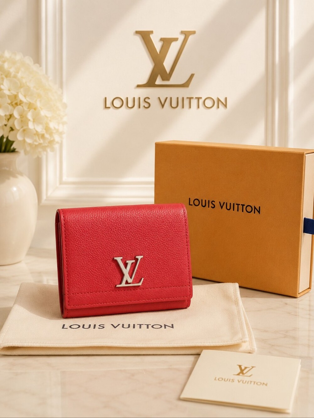 Authentic Louis Vuitton Lockme Wallet Red Leather | LV Compact Wallet